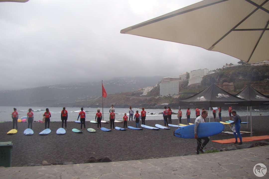 Preparación antes de entrar el agua durante la clase de surf en invierno